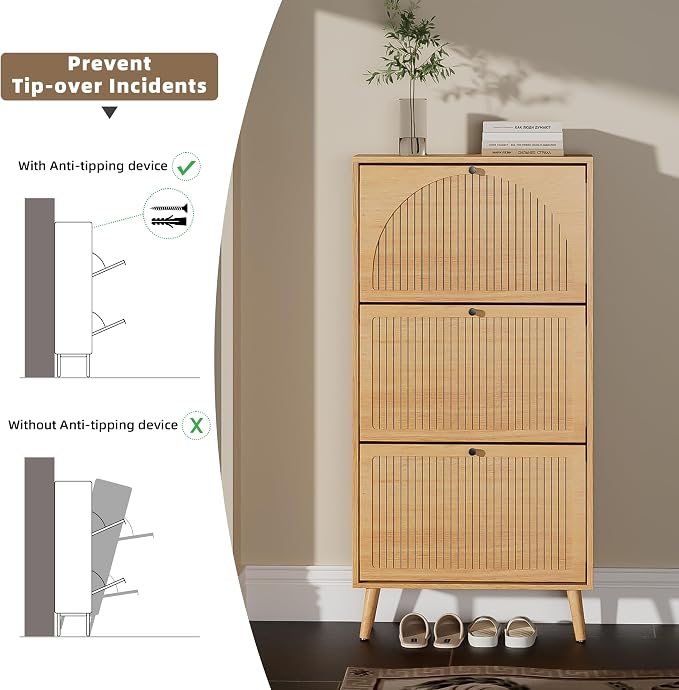 Fsbecl Shoe Storage Cabinet for Entryway with 3 Flip Drawers, Oak | Narrow Single Layer Design, 23.6'' Freestanding Shoe Rack, Wooden Hidden Organizer for Hallway Foyer, 6-9 Pairs