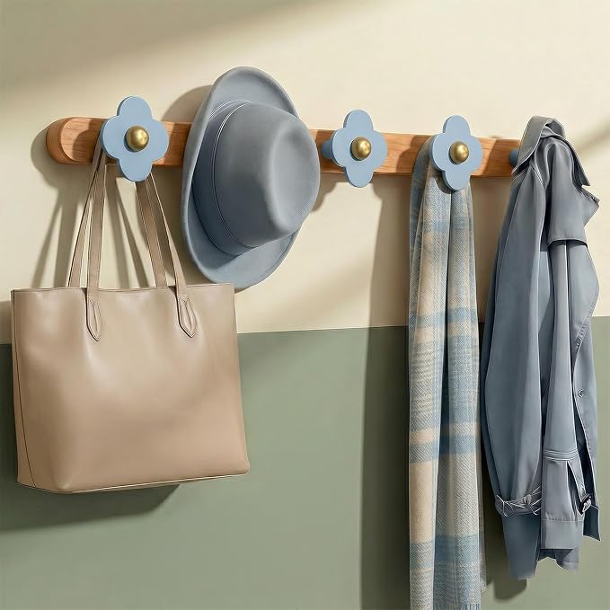 Tindbea Upgreded Heavy Duty Coat Rack Wall Mount for Entryway, Kids' Room | Cheery Wood, Blue, 5 Hooks