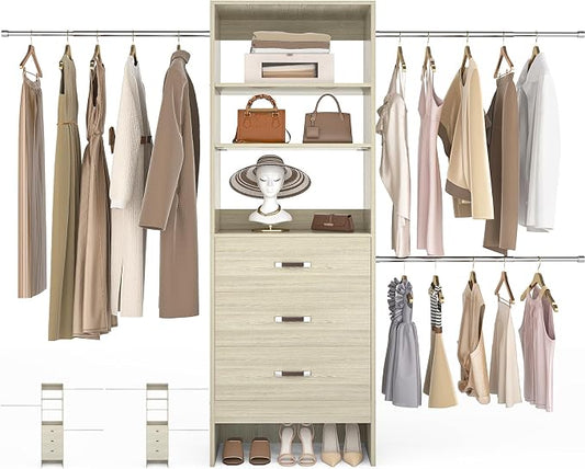 Besiost 96'' Closet Organizer System with 3 Hanging Rods, 8FT Closet Organizers and Storage with 3 Wooden Drawers, Built in Closet Organizer Systems, Adjustable Walk-in Wardrobe from 2-8FT, White Oak