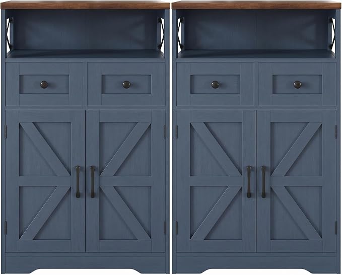Farmhouse Storage Cabinet Set of 2, Small Kitchen Pantry Coffee Bar Cabinet | Accent Buffet Cabinet Cupboard, 2 Storage Drawers, Barn Doors & Adjustable Shelves, for Kitchen/Entryway/Bathroom, Navy Blue