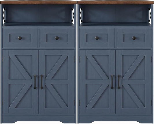 Farmhouse Storage Cabinet Set of 2, Small Kitchen Pantry Coffee Bar Cabinet | Accent Buffet Cabinet Cupboard, 2 Storage Drawers, Barn Doors & Adjustable Shelves, for Kitchen/Entryway/Bathroom, Navy Blue