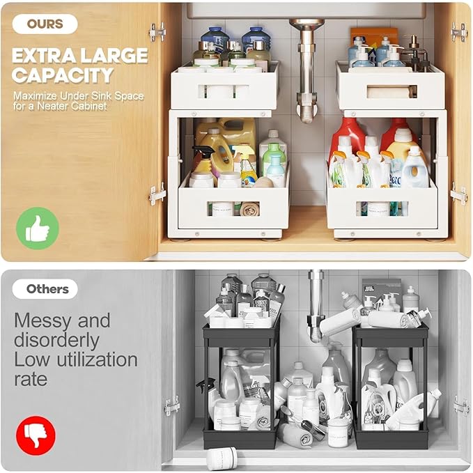 Under Sink Organizer, 2-Tier Dual Pull Out Cabinet Organizer Drawers With Smooth Circular Rail, Large Capacity Metal Mesh Sliding Shelves For Bathroom& Kitchen Storage,Height Adjustable–White,2 Packs
