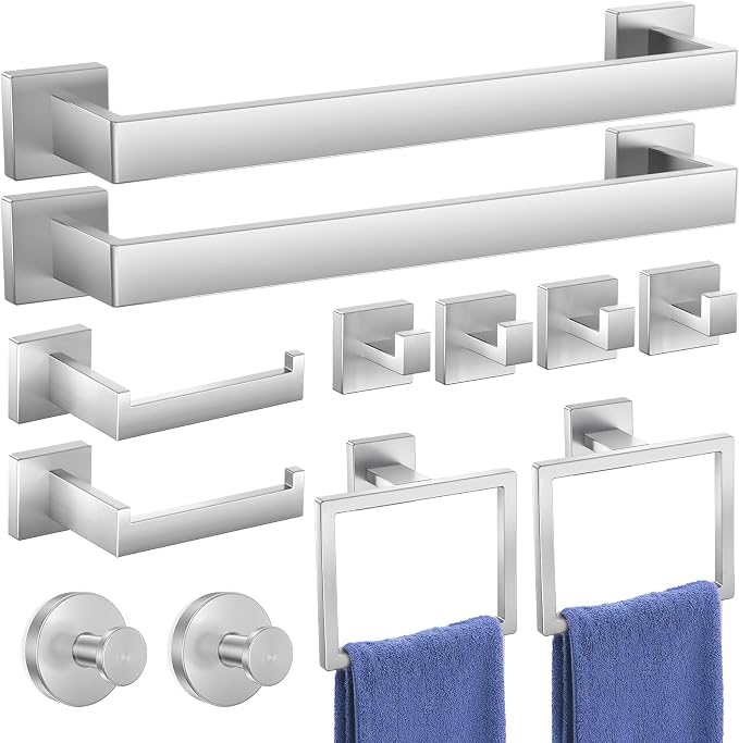 Bathroom Hardware Accessories Set: Bath Towel Bar Set, Towel Racks for Bathroom Wall Mounted, SUS304 Stainless Steel (Brushed Nickel, 12-Pieces)