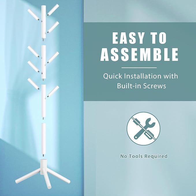Haddockway Wooden Coat Rack Stand with 8 Hooks New Zealand Pine 3 Adjustable Coat Standing Tree Easy Assembly for Coats, Hats, Scarves and Handbags for Entryway, Hallway, Bedroom, Office,2 PCS