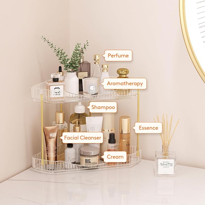 Lifewit 2 Tier Corner Bathroom Counter Organizers and Storage, Clear | Plastic Makeup Skincare Organizers Countertop, Large Sink Cosmetic Perfume Shelf for Bedroom, Dresser, Kitchen, Vanity