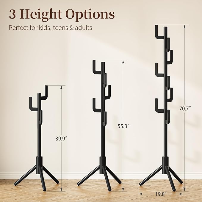 Yoobure Solid Wood Coat Rack - Cactus Coat Tree Freestanding with 8 Hooks, Coat Hanger Stand with 3 Adjustable Sizes for Jacket, Hat, Clothes Stands for Hall, Entryway, Bedroom, Office, Living Room
