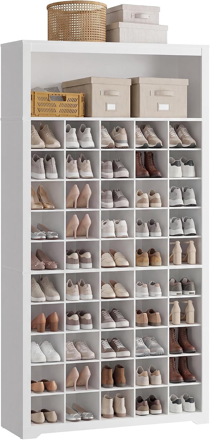 VASAGLE Tall Shoe Cabinet, Farmhouse Shoe Storage Organizer for Entryway, Vertical Wood Rack Holds 50 Pairs, 39.4 x 13.2 x 75.4 inch, Cloud White, Helan Collection ULBS275WB01S