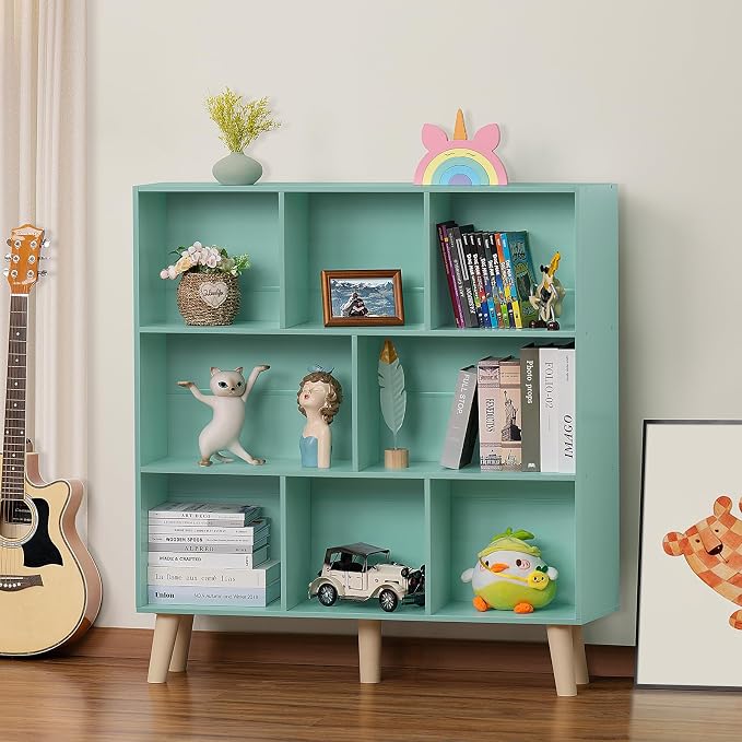 LEYAOYAO 8 Cube Bookshelf, Mid-Century Modern Book Shelf with Legs, Green | 3 Tier Bookcase, Rustic Wood Bookshelves Freestanding Large Storage Organizer, Open Shelves for Bedroom, Living Room, Office