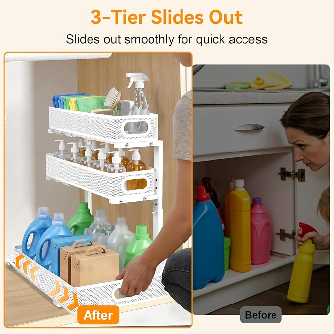 3 Tier Adjustable Under Sink Organizer for Bathroom & Kitchen(1Pack, White) | 35% More Storage, 5 Adjustable Heights, Sliding Pull Out,No Sliding, Heavy-Duty Steel Frame, Multi-Purpose Cabinet Organizer