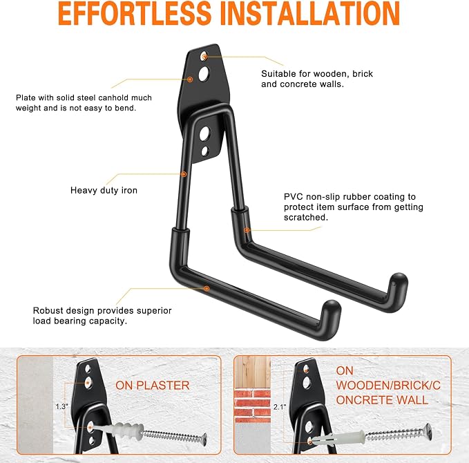 HUPBIPY Garage Hooks Heavy Duty 10 Pack, Wall Mount Ladder Hooks | 5.1in U Shaped Hanger, Storage Organizer With a non-slip coating For Hanging Bicycles, Garden Tools Hoses and Ropes (Black)