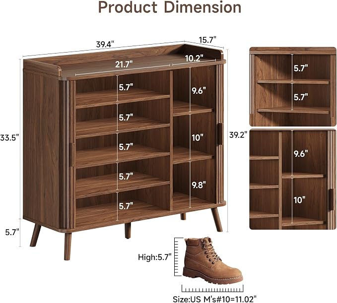 Shoe Cabinet with Sliding Door, 5-Tier Hidden Shoe Rack with Adjustable Shelves, Wooden Shoe Storage Organizer with Open Bottom Space, Freestanding Shoe Shelf for Entryway (Walnut)