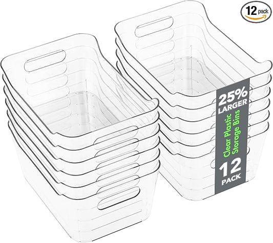 Tiawudi 12 Pack Plastic Storage Bins, Multi-Use Organizer Bins, Pantry Organizer, Clear Storage Containers for Home, Kitchen, Office, Cabinet, Shelf and Fridge Organization