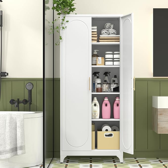 Polup 75" Tall Metal Kitchen Pantry Storage Cabinet with Doors and Shelves | White Freestanding Cupboard, 5-Tier Heavy Duty, 4 Adjustable Shelving, Gold Handles, for Garage, Dining Living Room, Office