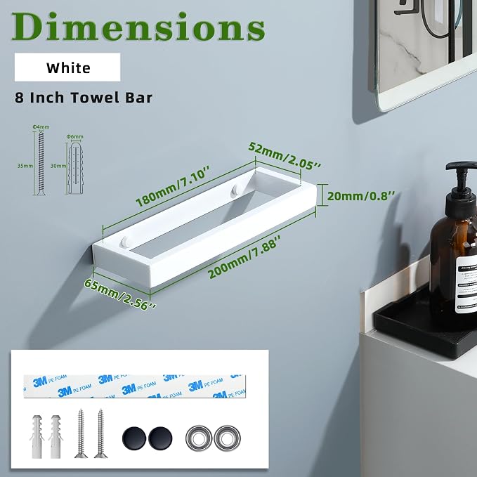 Alise Hand Towel Holder Towel Bar for Bathroom Wall Mounted 8 Inch,White | Towel Rack for Bathroom Lavatory,SUS304 Stainless Steel Towel Rail for Bath Kitchen Walls,Self-adhesive or Drilling Mount