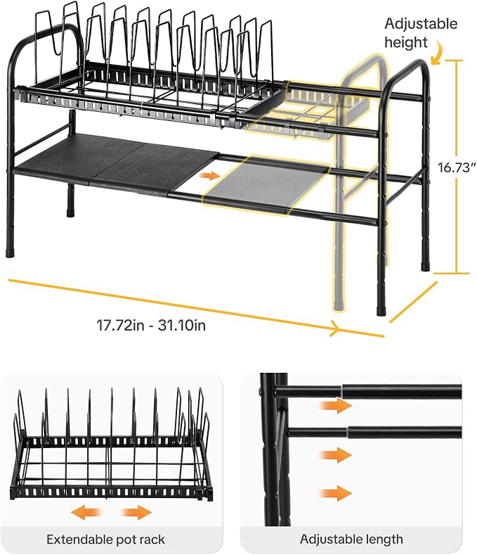 HULISEN Pots and Pans Organizer Under Cabinet, 2-Tier Expandable Pot Rack | 10 Dividers for Lid Separation, 5-Level Adjustable Height, Kitchen Cookware Pan Holder Shelf, Carbon Steel Frame