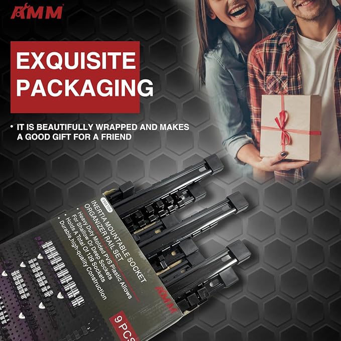 AMM 9-Piece Socket Organizer, 1/2 inch, 3/8 inch and 1/4 inch Drive ABS Tools-Black Socket Holder,Heavy Duty Socket Racks, Premium Quality Socket Clip Rail Holder,The best tool trays in the garage