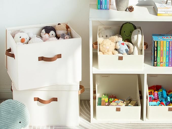 StorageWorks Fabric Storage Bins with Lid, Decorative Storage Boxes for Shelves, Stackable Closet Organizer Basket with Handles, Large, Ivory White, 2-Pack | Flip-Top Lid, 3 Handles, Collapsible, Stackable, for Clothes Blankets, Multi-Purpose, Large, I...