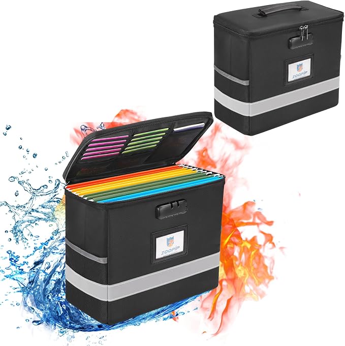 Fireproof File Box with Lock, Document Box Storage Organizer, Suitable for Hanging File Folders in Letter Size, Collapsible File Box, Reflective Strip for Fast Find (12.2"*6"*10.2 (Black, 2Pcs) | Suitable for Hanging Folders in Letter Size, Reflective ...