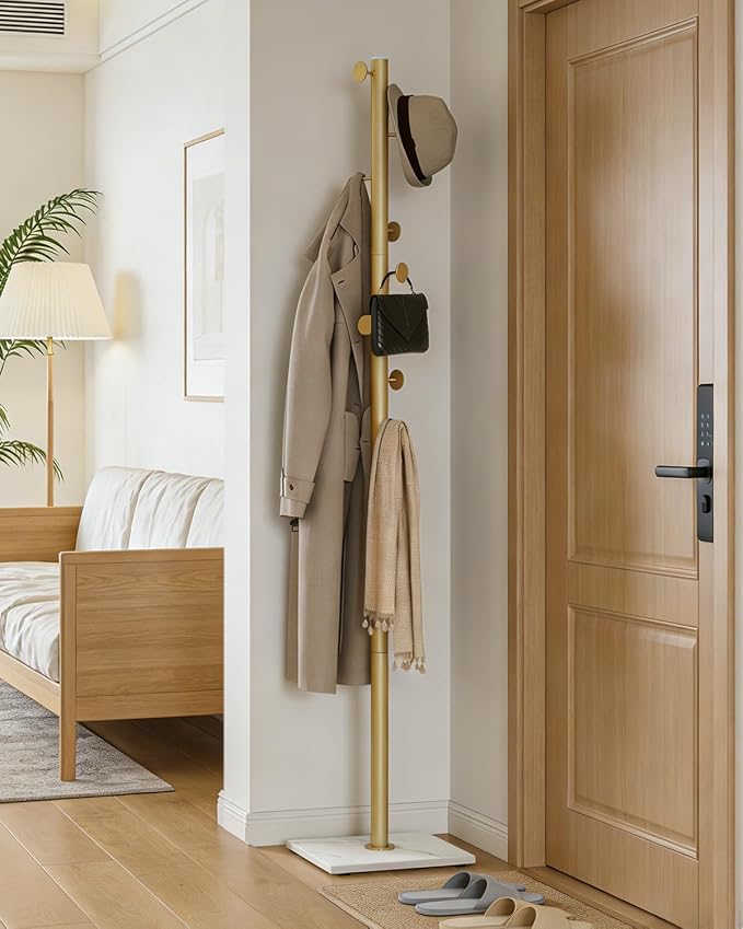 Clothes Rack Freestanding, Coat Stand with 8 Hooks, Gold | Small Garment Rack with Heavy Rock Slab Base, Modern Metal Clothing Rack for Hanging Clothes with 8 Hooks for Bedroom, Office