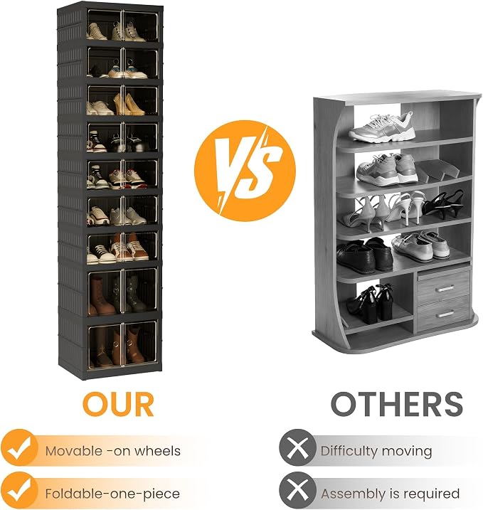 Foldable Shoe Organizer Storage Box Set of 4, Portable Extra Large Folding Shoe Rack for Closet, Shoe Storage Box with Magnetic Transparent Door and Wheels, 9 Layers 18 Grids with 4 Big Grids