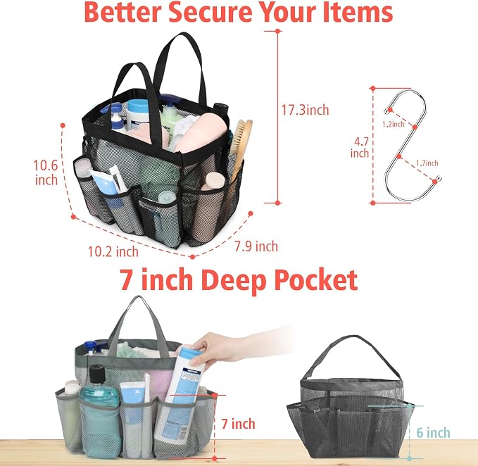 Mesh Shower Caddy Portable - 8 Pockets, S-Hook, Shower Bag for Dorm Camping | 2-Handle, Quick-Dry, Hanging Toiletry Organizer, College Dorm Room Essentials for Girls, Gym, Travel & Bathroom, Grey