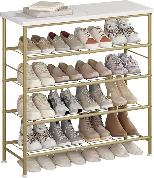 SUOERNUO 5 Tier Shoe Rack Organizer for Closet Shoe Storage for Entryway | Free Standing with MDF Top Board,Sturdy Metal Frame,Ideal for Living Room,Hallway Gold