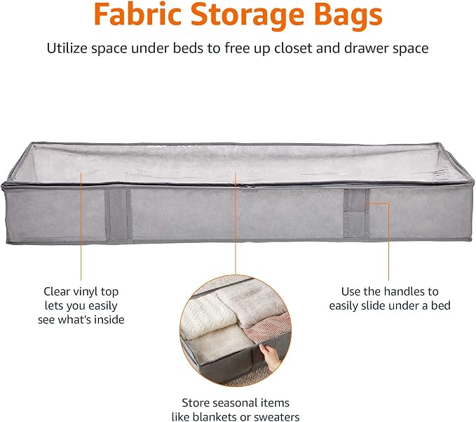 Amazon Basics Under Bed Storage Bags for Clothes and Blankets, Foldable Fabric Zipper Container with Clear Window and Reinforced Handles, Space Saving, 18 x 42 x 6 inches, Gray, 2-Pack