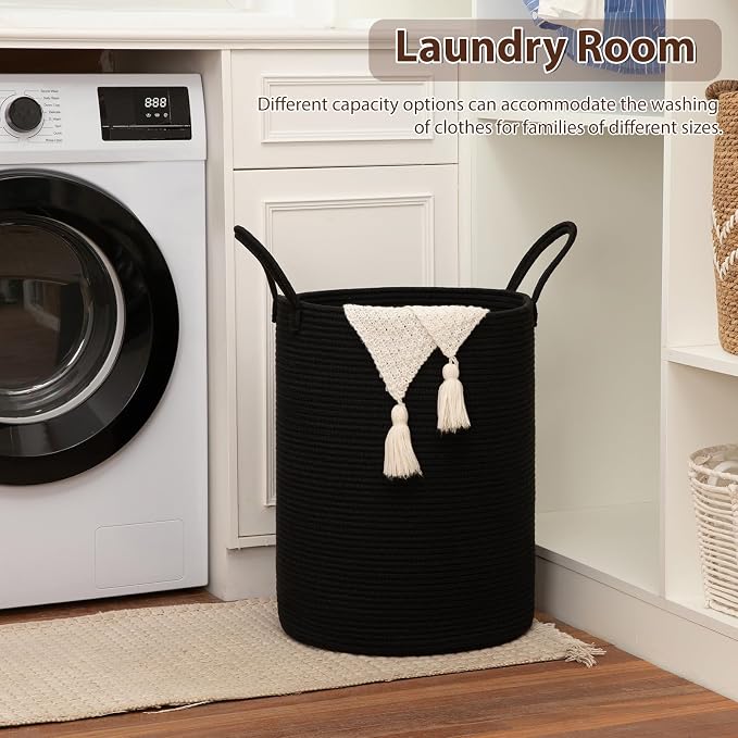 OIAHOMY Large Laundry Basket Hamper - 80L Cotton Rope Woven Basket for Blankets, Toys, Clothes - Tall Decorative Nursery Hamper with Long Handles, Black