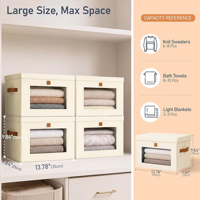 DIMJ Storage Bins with Lids - 6 Pack Front Opening Stackable Fabric Storage Boxes with Clear Window & Handles, Collapsible Closet Organizers for Clothes, Sweaters, Shelf Storage, Bedroom, Beige