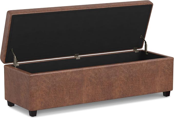 SIMPLIHOME Avalon 60" Wide Fabric Storage Ottoman in Tanners Brown | Contemporary lift-top ottoman with high-density foam; rectangle storage bench or coffee table for living room or entryway.