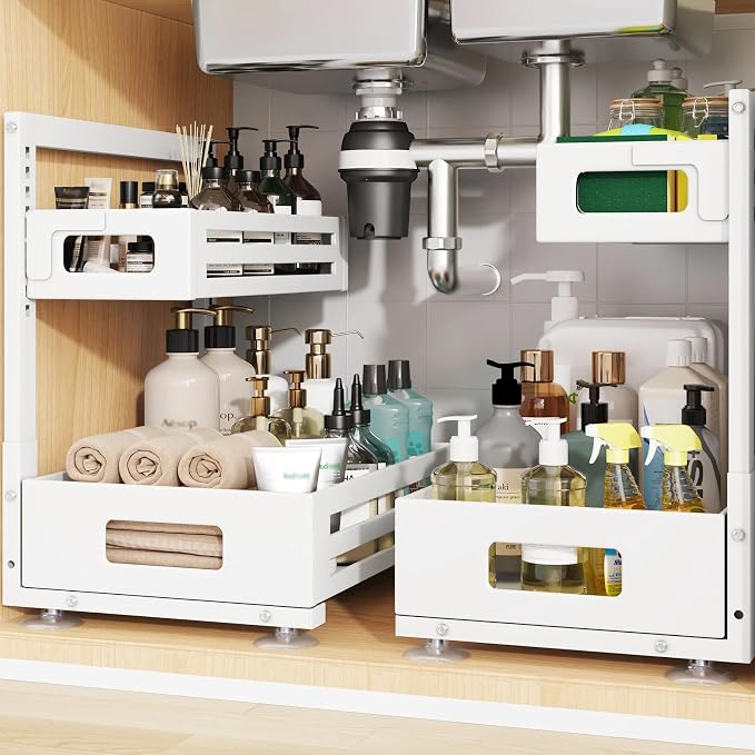 2 Pack Under Sink Organizer,Pull Out Cabinet Organizer With Smooth Cylindrical Rail,Metal Slide Out Drawer for Kitchen Bathroom Laundry Cabinet,8-Level Tool Free Height Adjustable-White