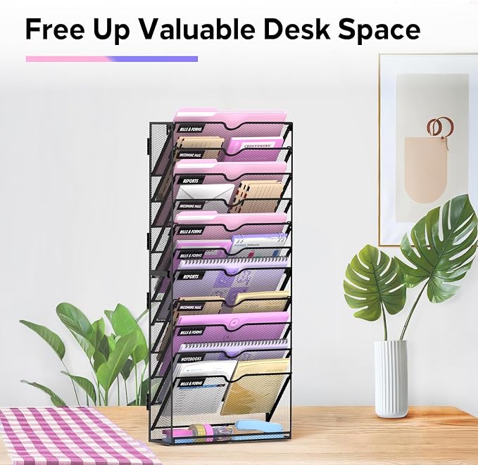 12-Tier Wall File Organizer with Base, Wall Mounted File Holder | Vertical Hanging File Organizer with Open Compartments and Label Holders for Mail, Folders and Paperwork at Home or Work