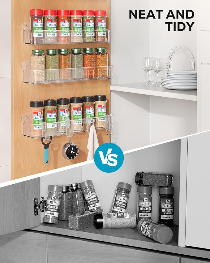 Nieifi Spice Rack Wall Mount, 4 Pack Clear, 2" Depth, Screw/Adhesive | Wall-Mounted with Removable Hooks Saves Counter Space, Fits 2" Deep Jars, Ideal for Kitchen Cabinets, Pantry Doors, and RVs.