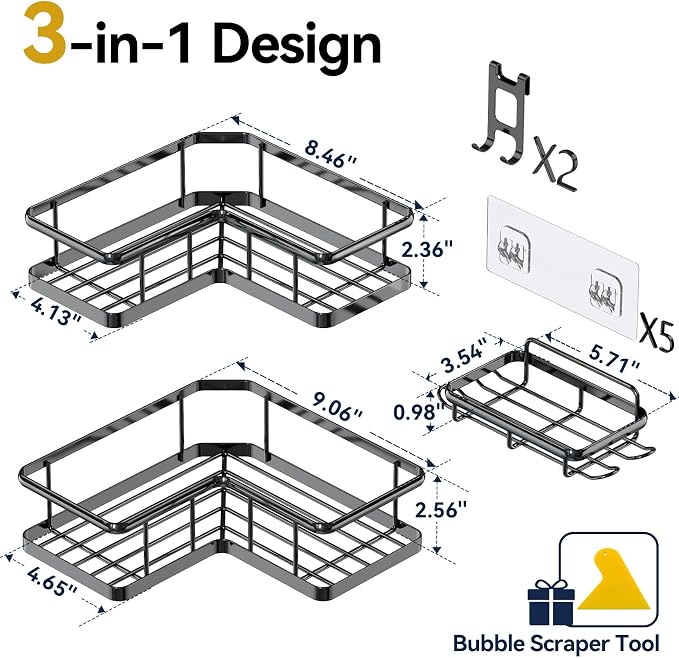 YASONIC Corner Shower Caddy Adhesive, 100% Rustproof Shower Organizer with Soap Holder, No Drill Shower Shelf for Inside Shower, Wall-Mounted Shower Storage for Homes (3 Pack, Black)