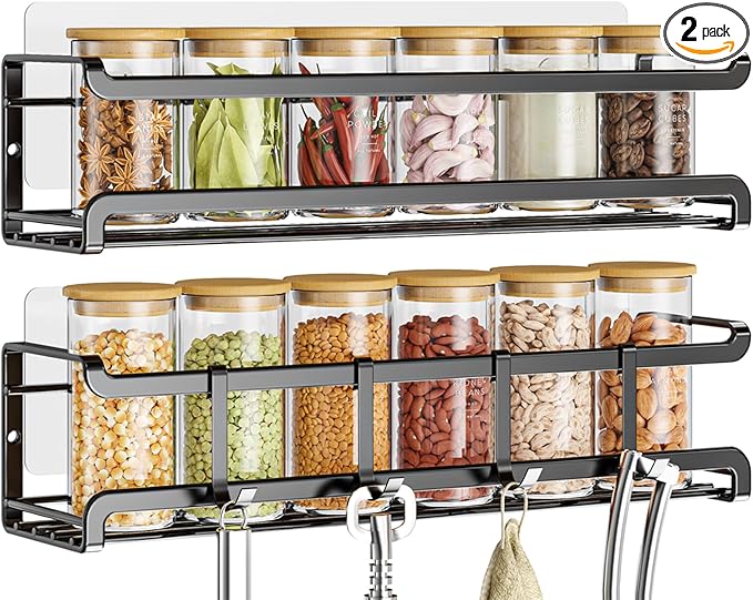 Bunoxea Spice Rack Wall Mounted 2 Pack, Black,11.41x2.75x2.75in | 2 Removalble Hooks,Screw or Adhesive Hanging,Space-Saving,For Kitchen Cabinet, Pantry Door,Stove,RV