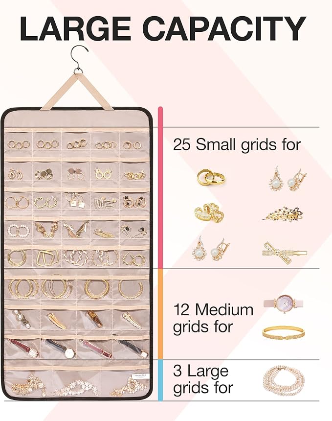 BAGSMART Hanging Jewelry Organizer Necklace/Earring/Ring 2-Sided XL Black | Jewelry Storage with Hanger Metal Hooks Double-Sided Jewelry Holder on Closet, Wall, Door