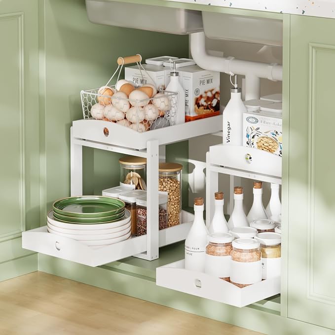 2 Pack Bamboo Under Sink Organizer, 2-Tier Sliding Drawers for Cabinets | Pull-out drawers keep cleaners and tall bottles visible, organized and easy to reach in kitchen or bathroom cabinets