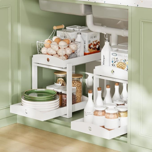 2 Pack Bamboo Under Sink Organizer, 2-Tier Sliding Drawers for Cabinets | Pull-out drawers keep cleaners and tall bottles visible, organized and easy to reach in kitchen or bathroom cabinets