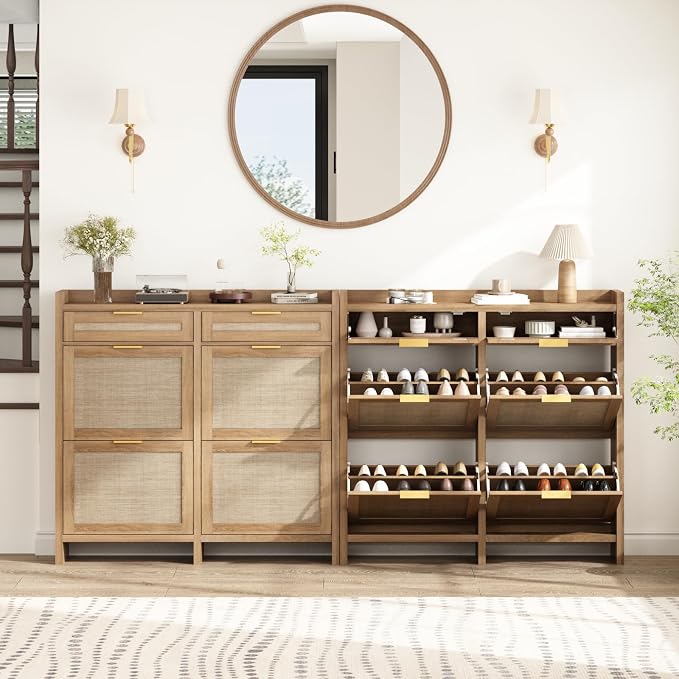 HOKYHOKY Large Rattan Shoe Storage Cabinet with 4 Flip Drawers & 2 Storages | Hidden Slim Shoe Organizer, Farmhouse Boho Narrow Shoe Rack, Large Tabletop Space, Entryway, Rustic Oak