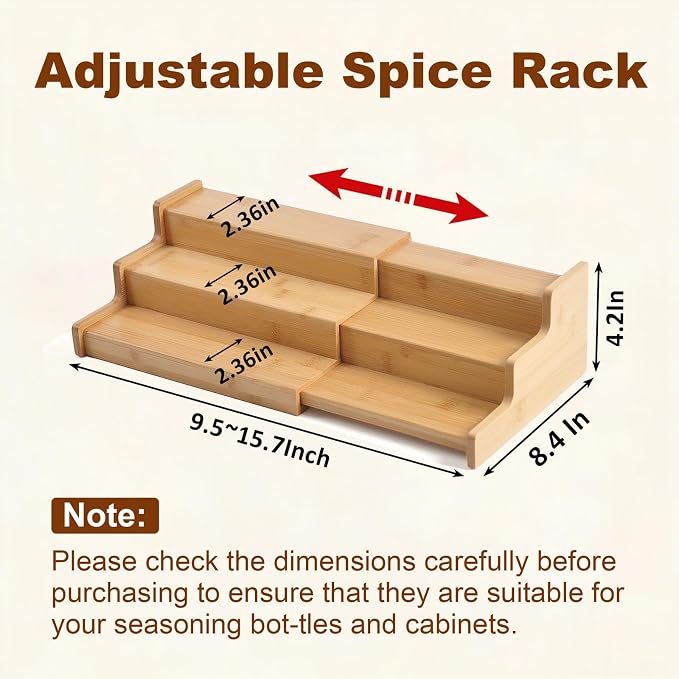JinDoWin Spice Rack Organizer for Cabinets,Countertop & Pantries | Expandable design, 3-Tier stepped bamboo spice shelf, seasoning organizer, pantry organizers and storage