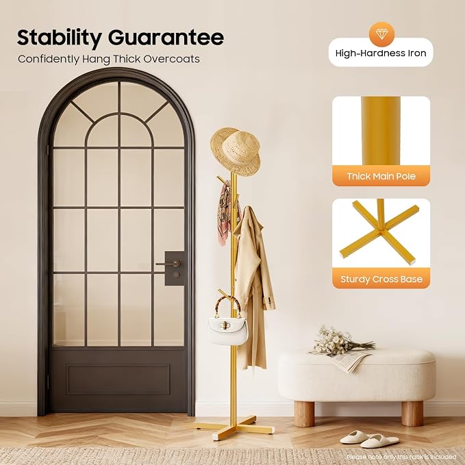 Metal Coat Rack Stand, Modern Coat Rack Freestanding with 7 Hooks, Coat Racks Easy to Assemble, Coat Tree Stand for Bags, Hats, Entryway, Office (Golden)