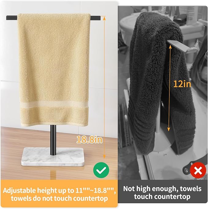 STWWO Hand Towel Holder for Bathroom, Towel Rack Stand Kitchen & Countertop 11~18.8IN Adjustable Retractable T-Shape, Marble Base Matte Black