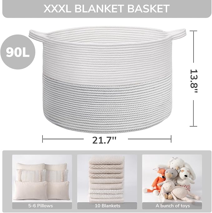 INDRESSME XXXLarge Woven Rope Blanket Basket Living Room White, 90L | 21.7" x 13.8" Storage baskets for toys laundry & pillows. Fits living room, bedroom or nursery décor. Soft-touch with handles