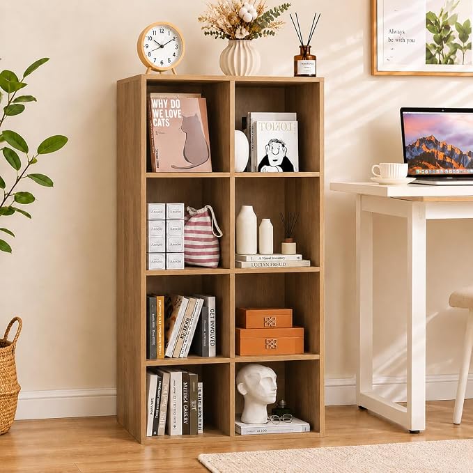POWERSTONE 8 Cube Storage Organizer, Open Cube Bookshelf with Back Panels, Modern Display Cubby Bookcase for Bedroom Living Room Home Office, Natural