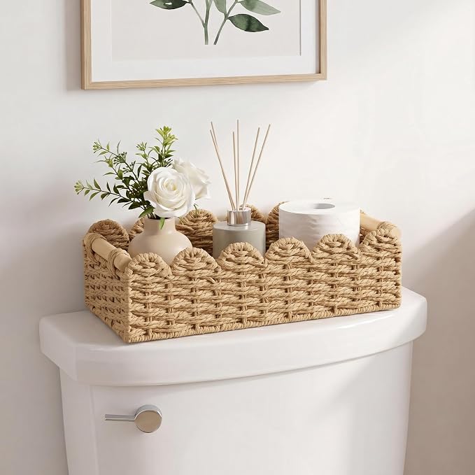 StorageWorks Toilet Paper Storage Basket, Toilet Basket with Wooden Handles, Small Wicker Decorative Scalloped Baskets for Organizing, Living Room, Top Tank, Brown Rope Baskets