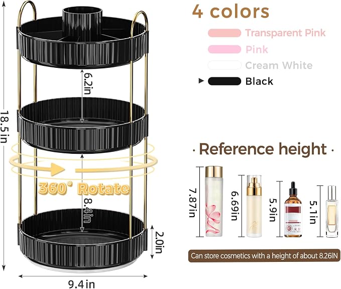360° Rotating Makeup Organizer, Upgraded 3 Tier Skincare Perfume Organizers for Women, Bathroom Organizer Countertop, Clear Cosmetic Dresser Organizer with Makeup Brush Holder, Sink&Counter(Black)