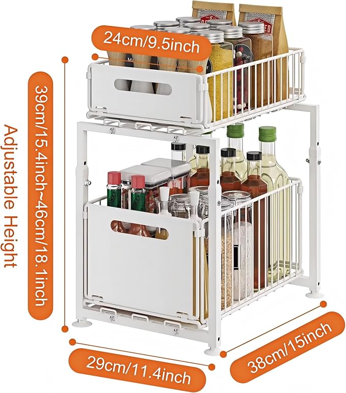 Under Sink Organizer, 2-Tier Multi-Use Kitchen and Bathroom Organizers and Storage, Slide Out Thickened Metal Under The Sink Organizer for Kitchen Bathroom Pantry (Style A White, 1 Pack)