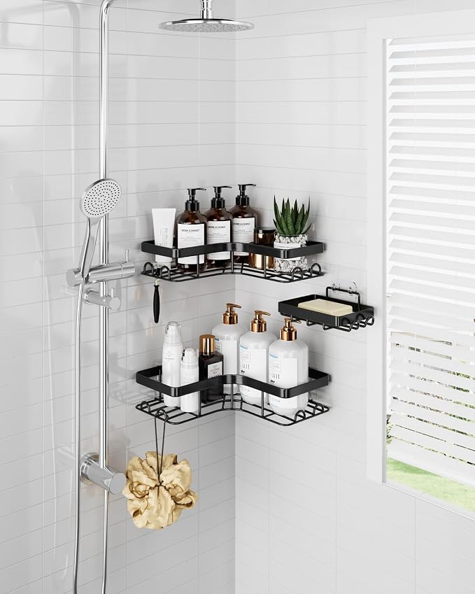 Sakugi Corner Shower Caddy - 3-Pack Shower Organizer with Soap Holder & Built-In Hooks, Rustproof Metal Shower Shelves, Laundry, Kitchen, Bathroom Organizers and Storage Solution, Large, Black