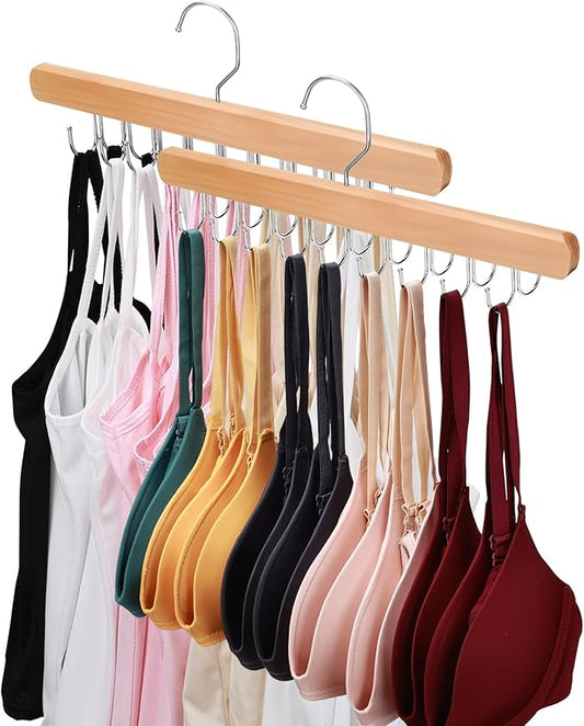 NECAMOCU 2 Pack Bra Hanger for Closet Organizer, Premium Tank Top Hangers | Wooden Bra Holder with 36 Foldable Hooks, 360° Rotating Design, Space Saving Storage for Tank Tops, Bras, Belts, and More