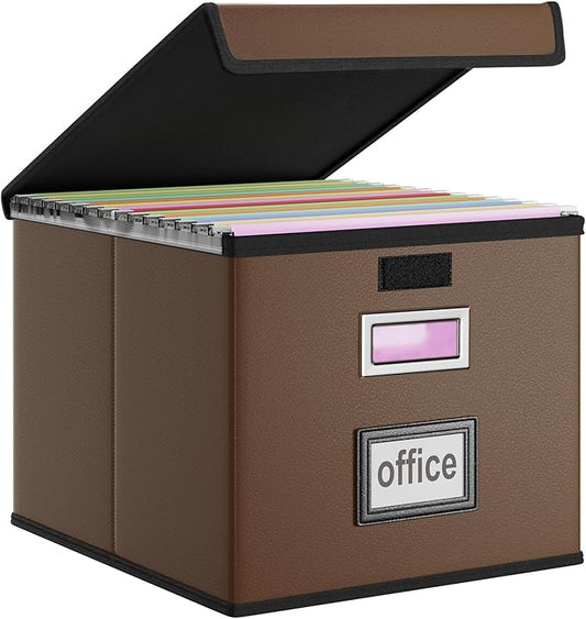 File Organizer Box with Lids, Collapsible File Folder Organizer | File Box with Plastic Slides for Document, Filing Bin for Letter Size Hanging File Folders (1 Pack, Dark Brown, Leather)